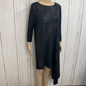 Solar Black Shiny Asymmetrical Hem Long Sleeves Wrinkle Free Dress Size 40